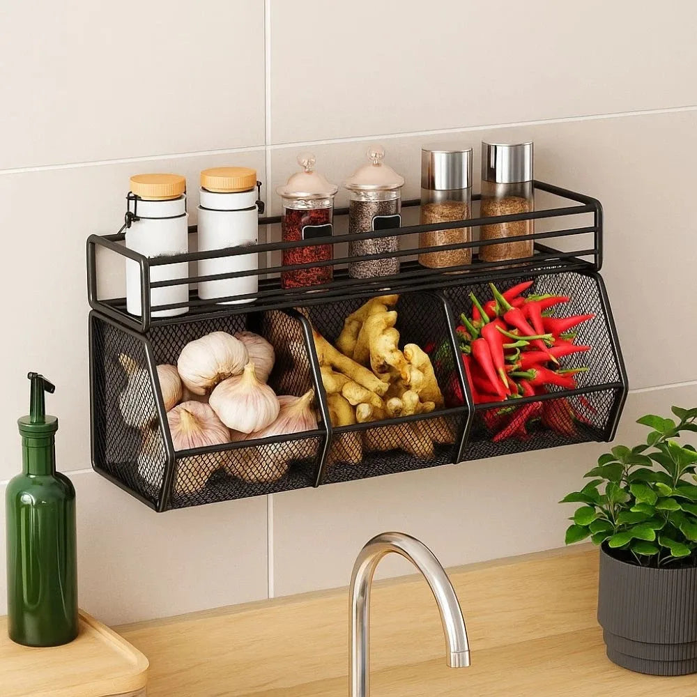 Wall Mounted Kitchen Storage Basket Punch-Free Carbon Steel Vegetable Drainage Basket Grid Onion Ginger Garlic Rack