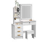 Makeup Vanity Desk with LED Lighted Mirror, Vanity Table with 4 Drawers and Opening Shelves, Bedroom Dressing Table with Stool
