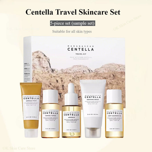 Korean Skin Care Centella Travel Kit Toner, Ampoule, Soothing Cream, Cleansing Oil, Foam, Basic Skincare Box 5pcs Set Gift Set