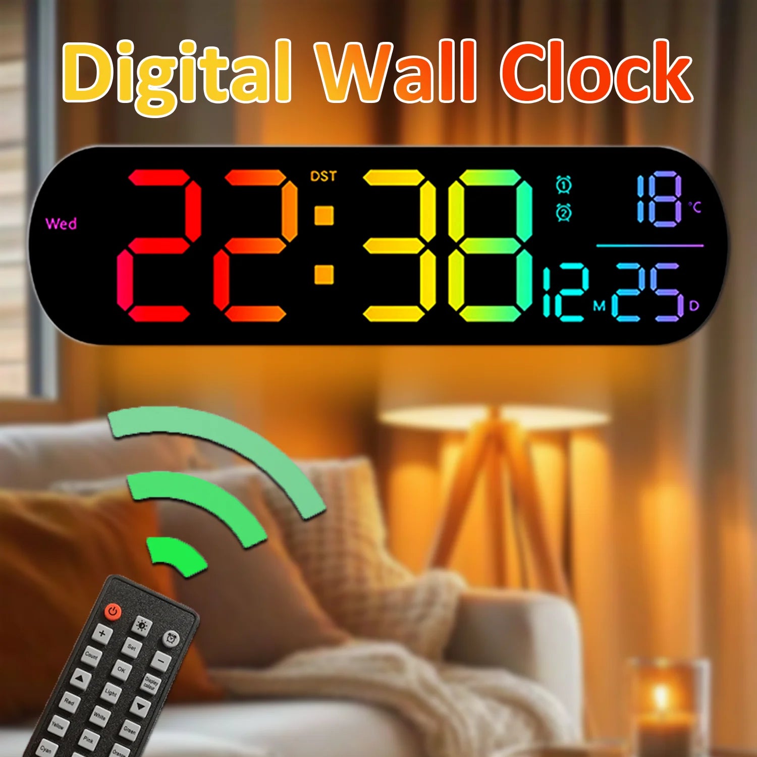 14'' LED Wall Clock Digital  Alarm Clock With Remote Control RGB Ambient Lights Dual Alarm Wall Clock for Living Room Home Decor