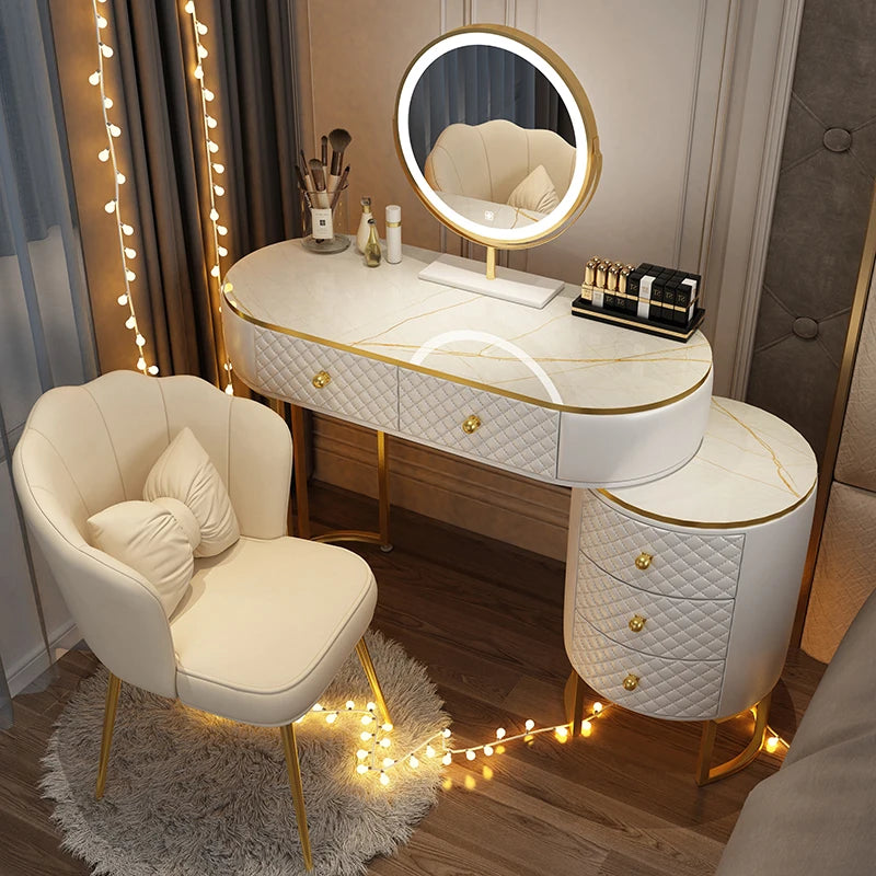 Nordic vanity chair white bedroom LED light Dresser storage cabinet makeup Dressing table light mirror stool bedroom furniture
