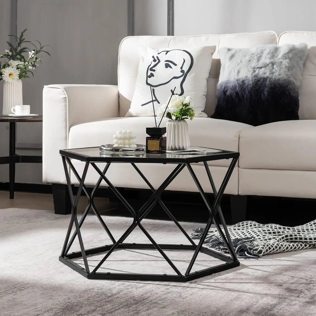 Giantex Hexagonal Glass Coffee Table, End Table W/Tempered Glass Top & Sturdy Metal Legs, Modern Center Table, Geometric Small