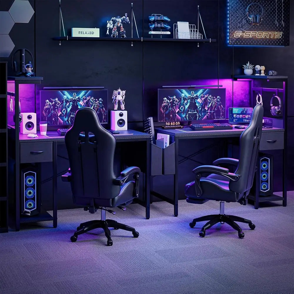 Gaming Desk 40 H With Power Outlet And Led Light, Computer Desk With Reversible Shelves And Storage Drawer, Pc Small Desk For