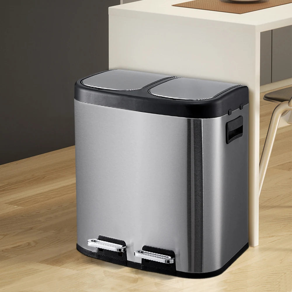 【Lifeideas】30 L/8 Gallon Trash Can, Rectangular Dual Compartment Recycling Step Bin, Stainless Steel Kitchen Trash Can