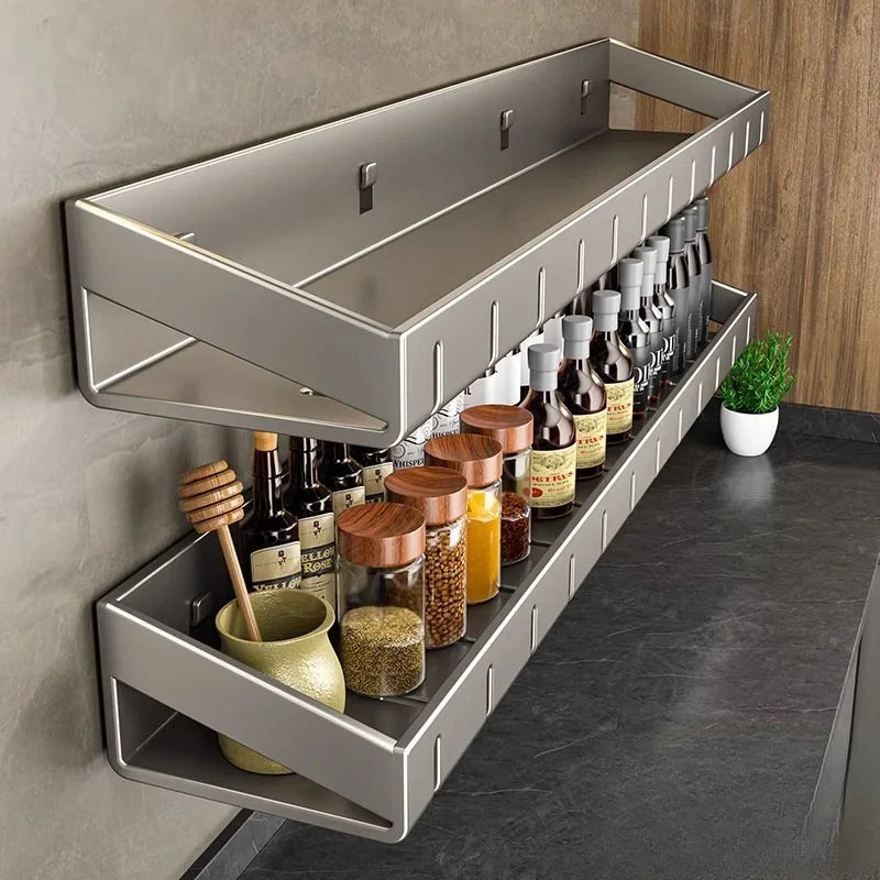 Wall Mounted Kitchen Condimenters Spice Rack Organizer Shelf Kitchen Storage Wall Shelf Organizers Hanging Hook Rack For Kitchen