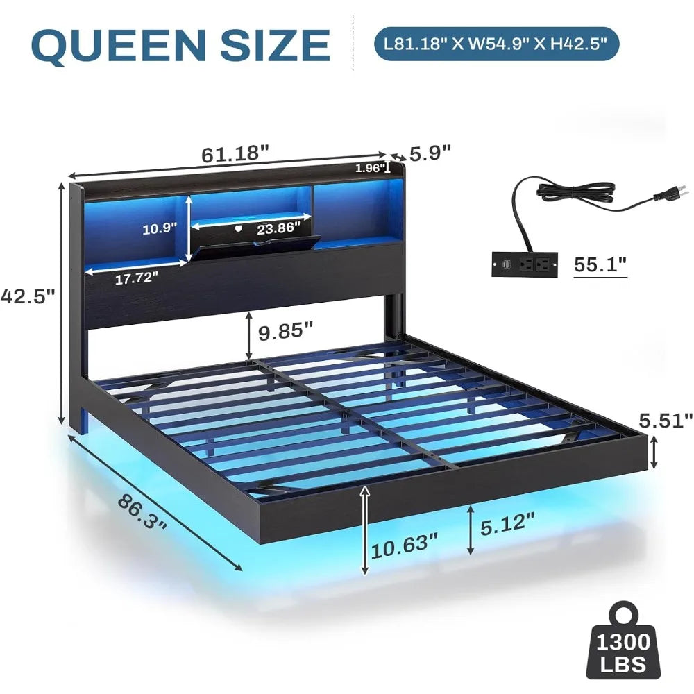 Floating Bed Frame with LED Lights and Headboard Storage, Visual Floating Bed with Charing Station,Queen Size Metal Platform Bed