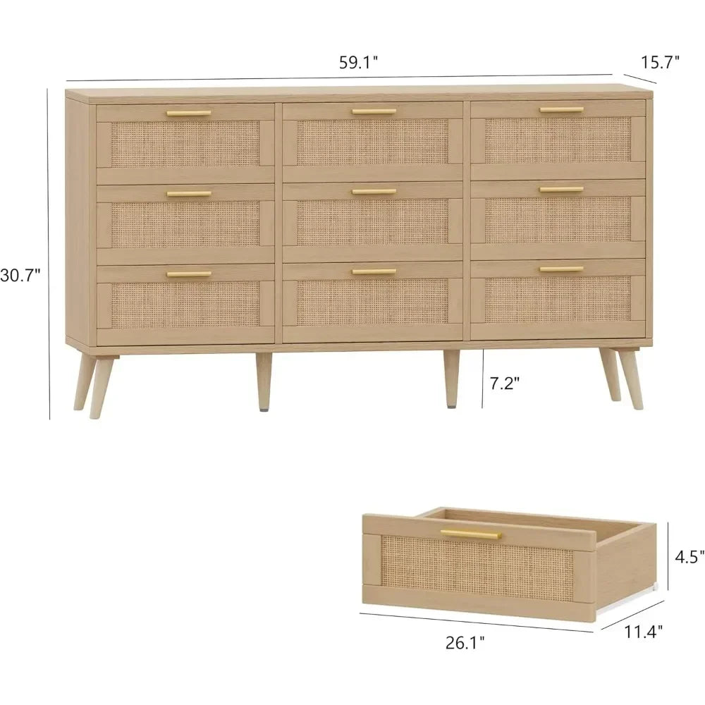 9 Drawer Double Dresser for Bedroom, Rattan Chest of Dressers, Modern Wooden Dresser Chest with Golden Handles, Beside Table