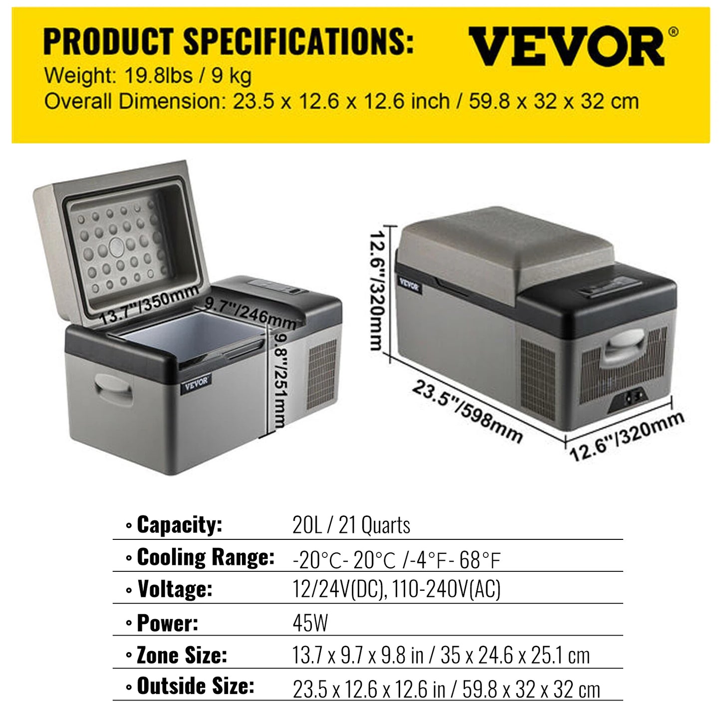 VEVOR Portable Car Refrigerator - Freezer Cooler 12/24V