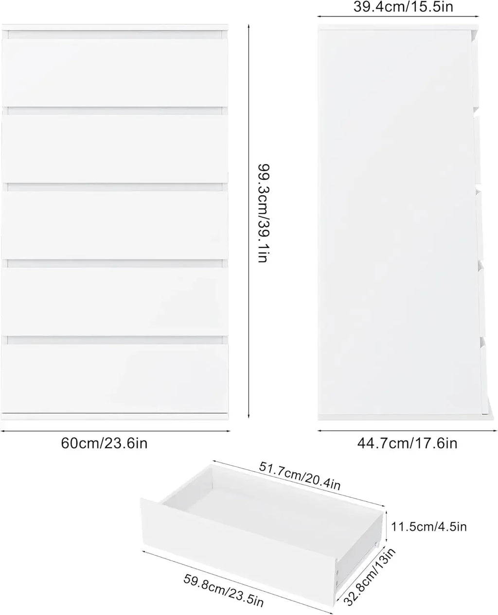 5 Drawer White Dresser, Dresser Tall White Dresser with Large Storage Space, Modern Storage Chest of Drawers