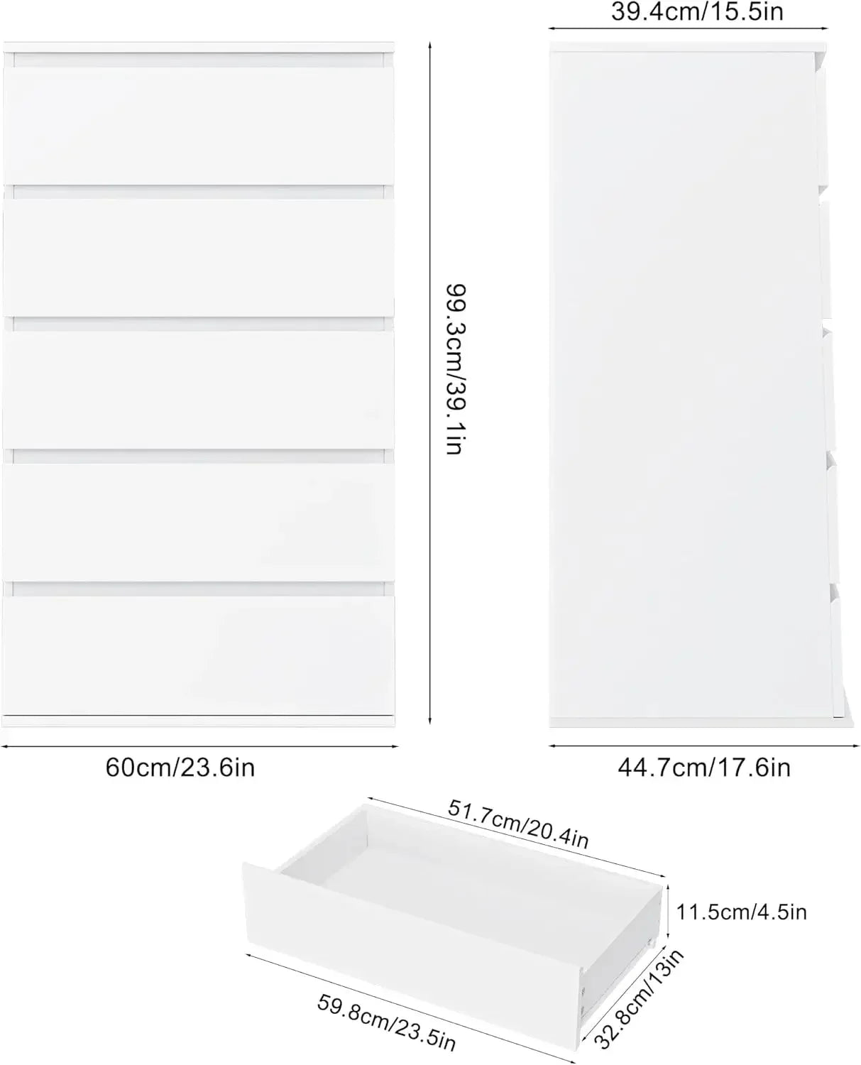 5 Drawer White Dresser, Dresser Tall White Dresser with Large Storage Space, Modern Storage Chest of Drawers
