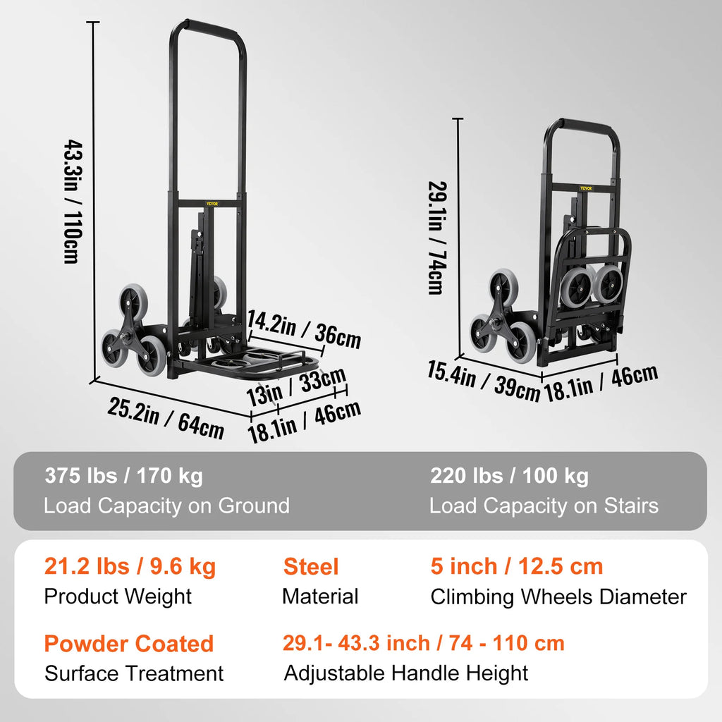 SucceBuy 550/375/220lbs Stair Climbing Cart Folding Trolley Heavy Duty with Handles Truck Frame for Warehouse Shopping Airport