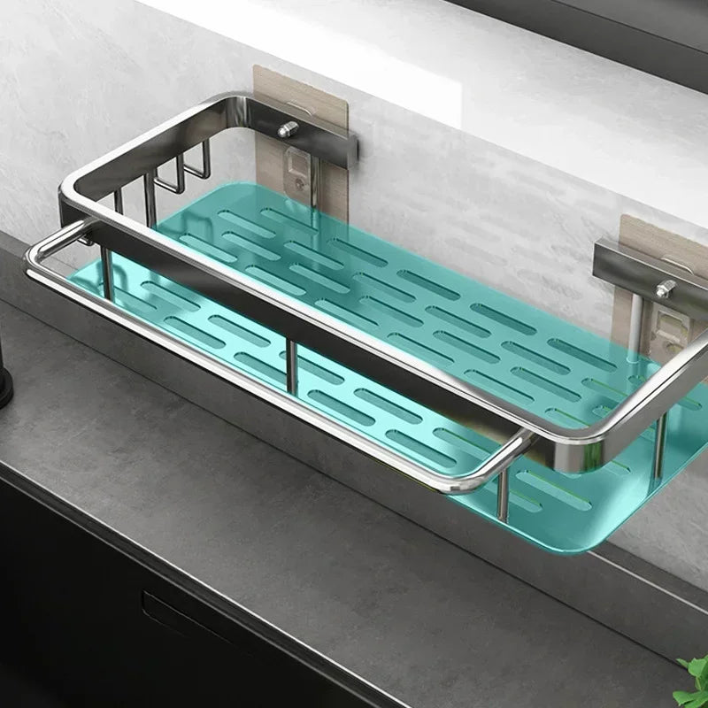 Aluminum Kitchen Sink Drain Rack Suction Cup Wall-mounted Ready-to-attach Kitchen Storage and Organization with Drain Tray