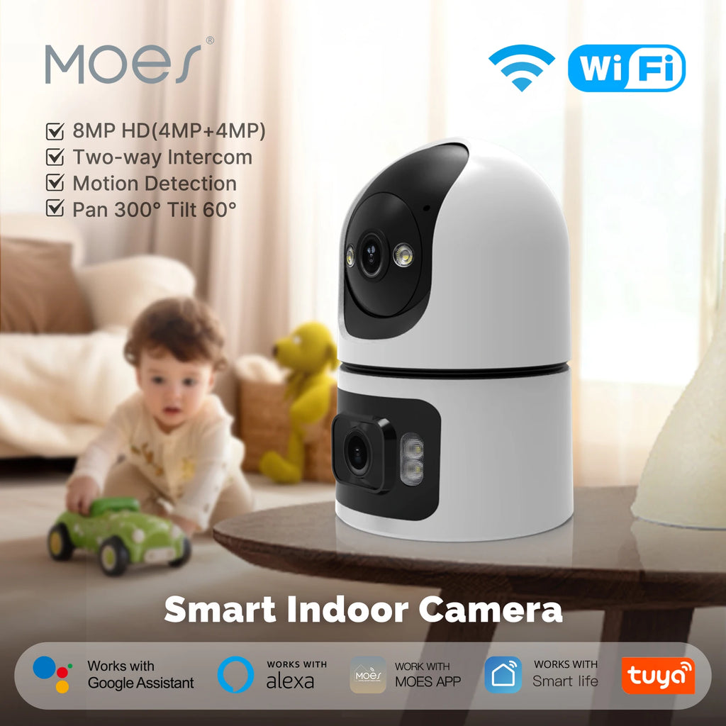 Moes Tuya WiFi Indoor Smart Camera 8MP Dual Screen Lens 2.4G/5G Infrared Night Vision Motion Detection Auto Track Two-Way Audio