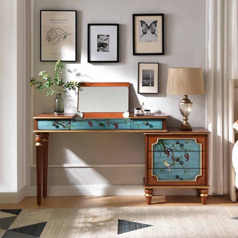 French Retro Makeup Desk home makeup luxury wood Dressing table design Hairstyles vanity with lmirror stool bedroom furnitures
