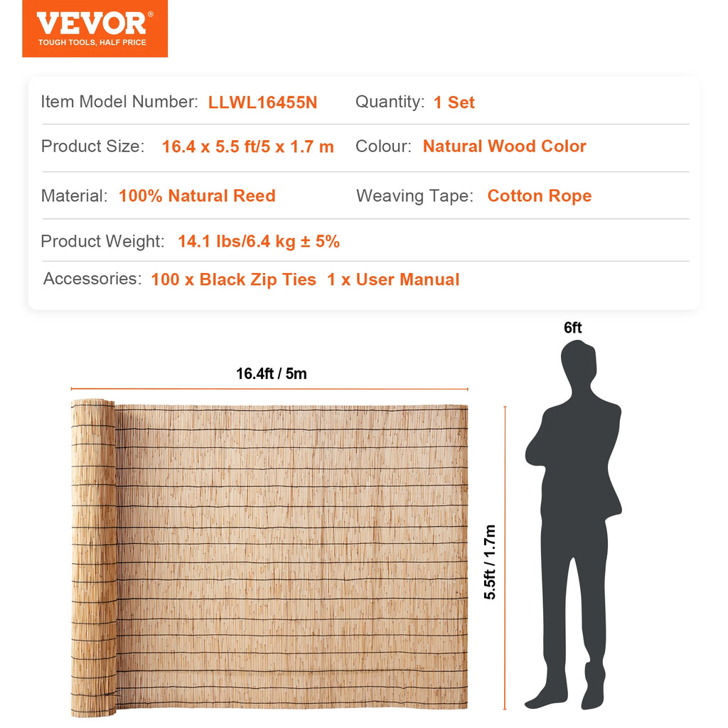 VEVOR Natural Reed Fencing 5.5 ft x 16.4 ft Balcony Reed Fence Roll for Outdoor Backyard Patio Backyard Garden Fencing Divider
