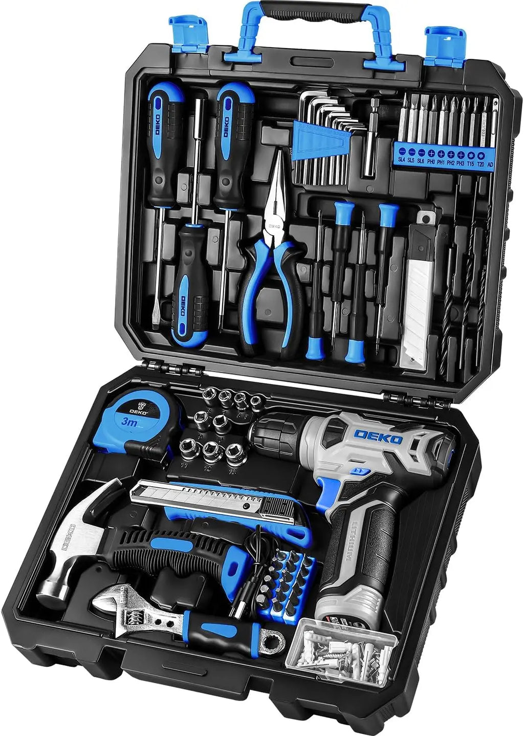 DEKO 126-Piece Home Tool Kit - 8V Blue Cordless Drill & Hand Tool Set for Women | AlluCanFind
