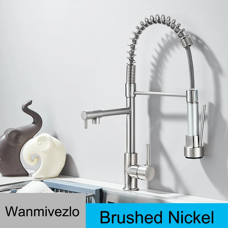 Wanmivezlo Pull Down Kitchen Sink Faucet Hot Cold Water Mixer Crane Tap with Dual Spout 360 Rotation High Faucet Deck Mounted