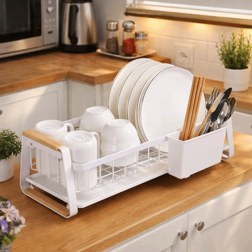 Detachable Kitchen Dish Rack Large Capacity Metal Frame Dish Drying Drain Rack Wooden Handle Dish Drainer Cutlery Cup Holders RV