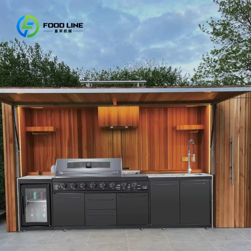 Customized Modern Premium Outdoor Kitchen 5-Burner Gas Grill 304 Stainless Steel Sink Shed Luxurious Family Party Catering Unit