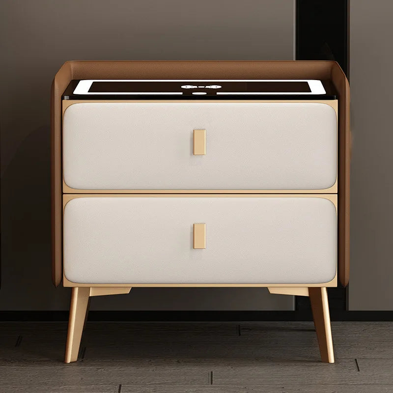 Smart Wooden Bedside Table Modern Style Multi-function Bedroom Nightstand with Wireless Charging Fingerprints Lock