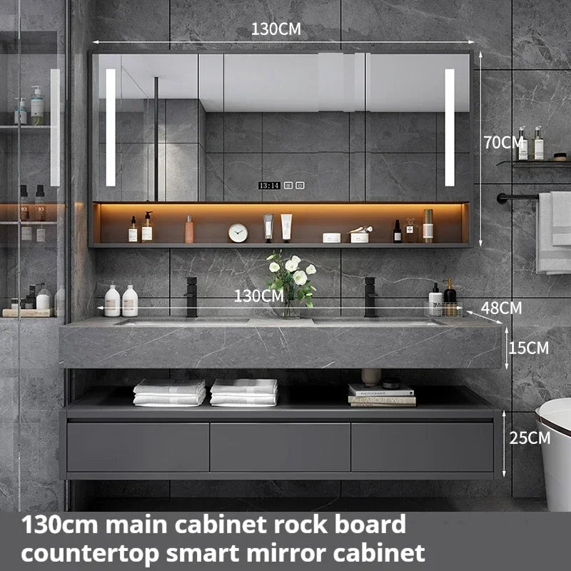 Light Luxury Panel Intelligent Bathroom Cabinet Meuble Rock Salle De Bain Wood Washbasin Double Basin Bathroom Cabinet Home