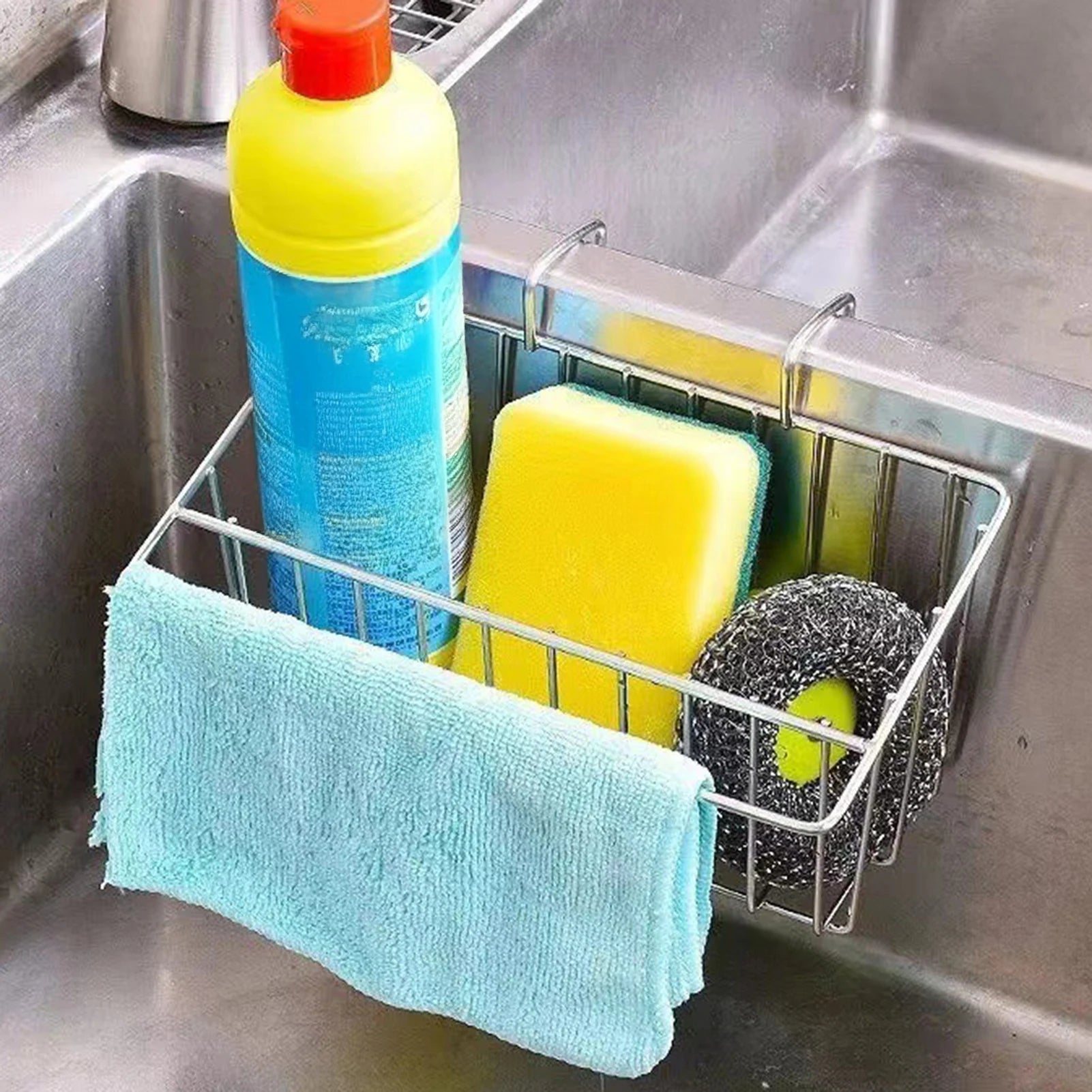 Kitchen Sponge Holder Stainless Steel Sponge Caddy Towel Drain Rack Wall Mounted Kitchen Sink Organizer