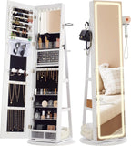 LED Mirror Jewelry Cabinet Standing, 360° Swivel Lockable Jewelry Armoire with Full Length Mirror and Adjustable LED Lights