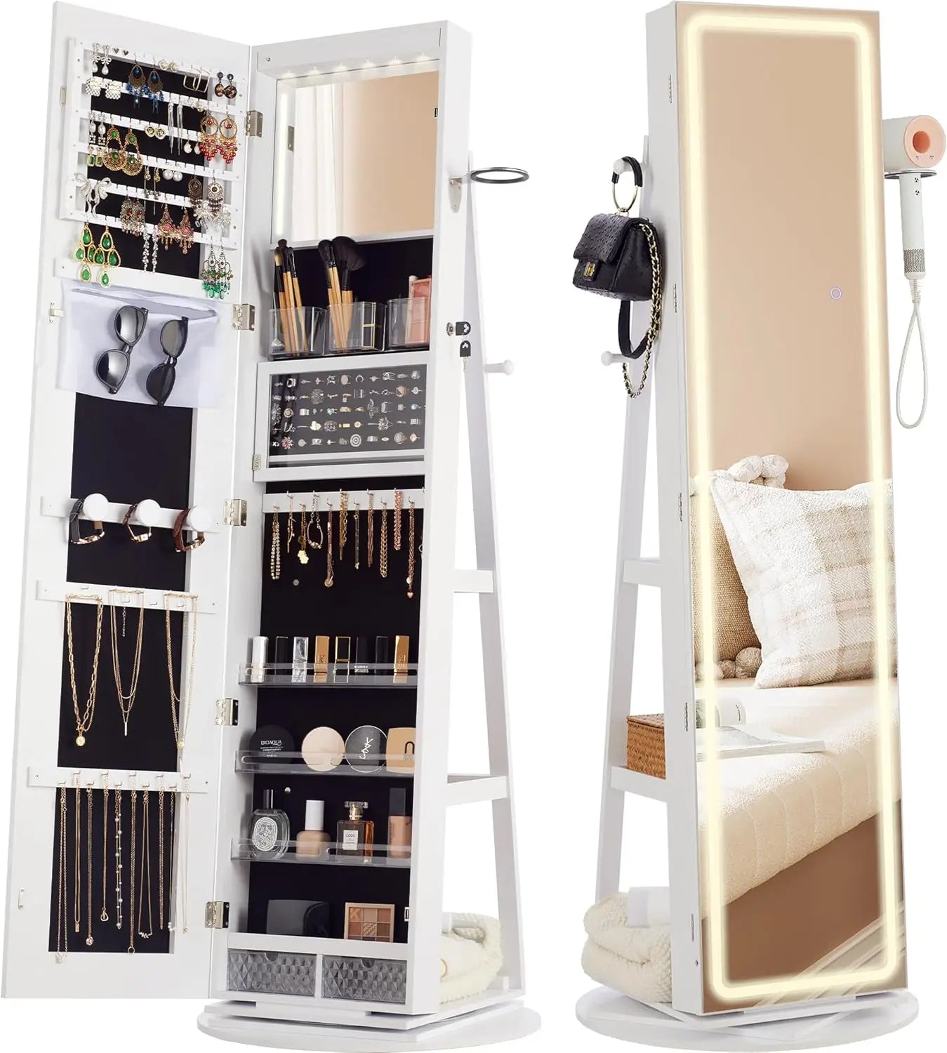 LED Mirror Jewelry Cabinet Standing, 360° Swivel Lockable Jewelry Armoire with Full Length Mirror and Adjustable LED Lights