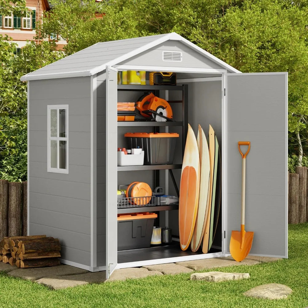 6x4.4 FT Outdoor Storage Shed, Resin Shed with Floor for Patio Furniture, Gardening Tools, Pool Equipment, Outside Sheds Plastic