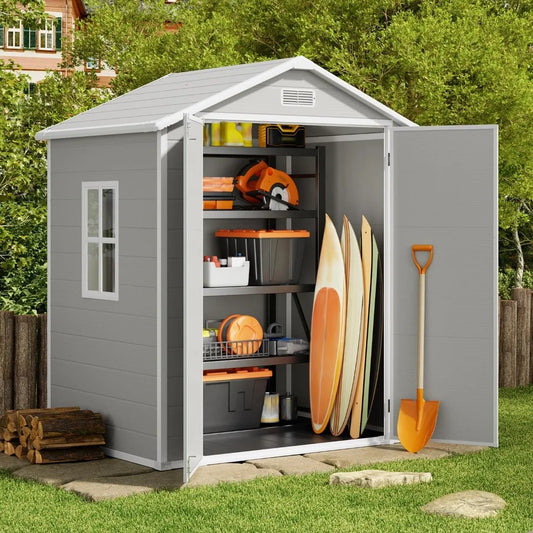 6x4.4 FT Outdoor Storage Shed, Resin Shed with Floor for Patio Furniture, Gardening Tools, Pool Equipment, Outside Sheds Plastic