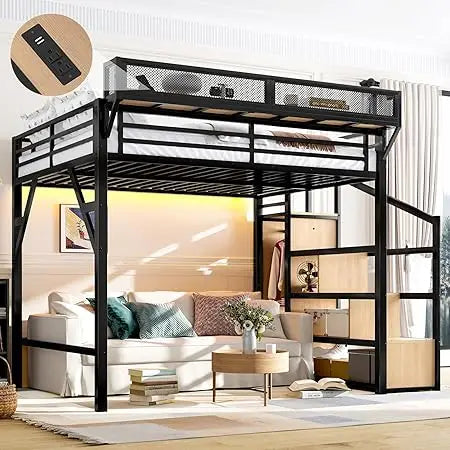 Queen Size Metal Loft Bed Frame with Storage Stairs, Side Shelf, Wardrobe, USB Ports, and LED Lighting