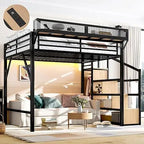 Queen Size Metal Loft Bed Frame with Storage Stairs, Side Shelf, Wardrobe, USB Ports, and LED Lighting