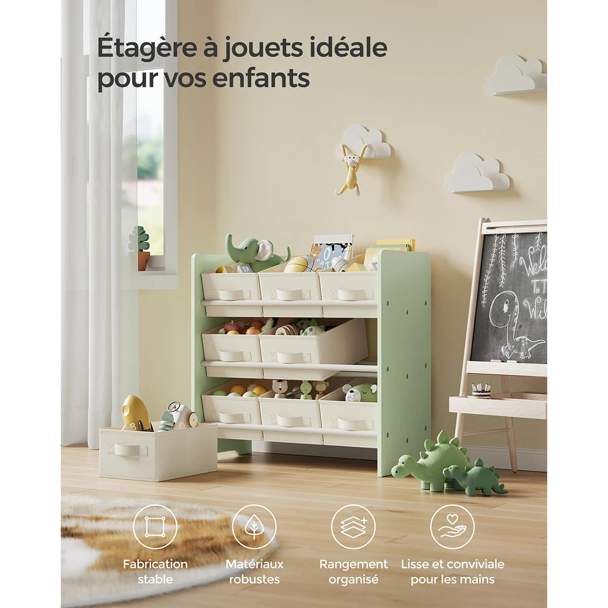 Petit meuble de rangement, avec Boîtes de Rangement en Tissu Non-tissé, pour Chambre d’Enfant, 29,5 x 62,5 x 60 cm, Vert Laurie