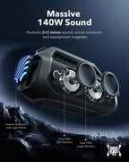 Soundcore Boom 2 Plus Outdoor Speaker, 140 W, 2 + 2 Channel, BassUp 2.0, 20h, Quick Charge, IPX7 Waterproof, RGB Lights, USB-C, Po