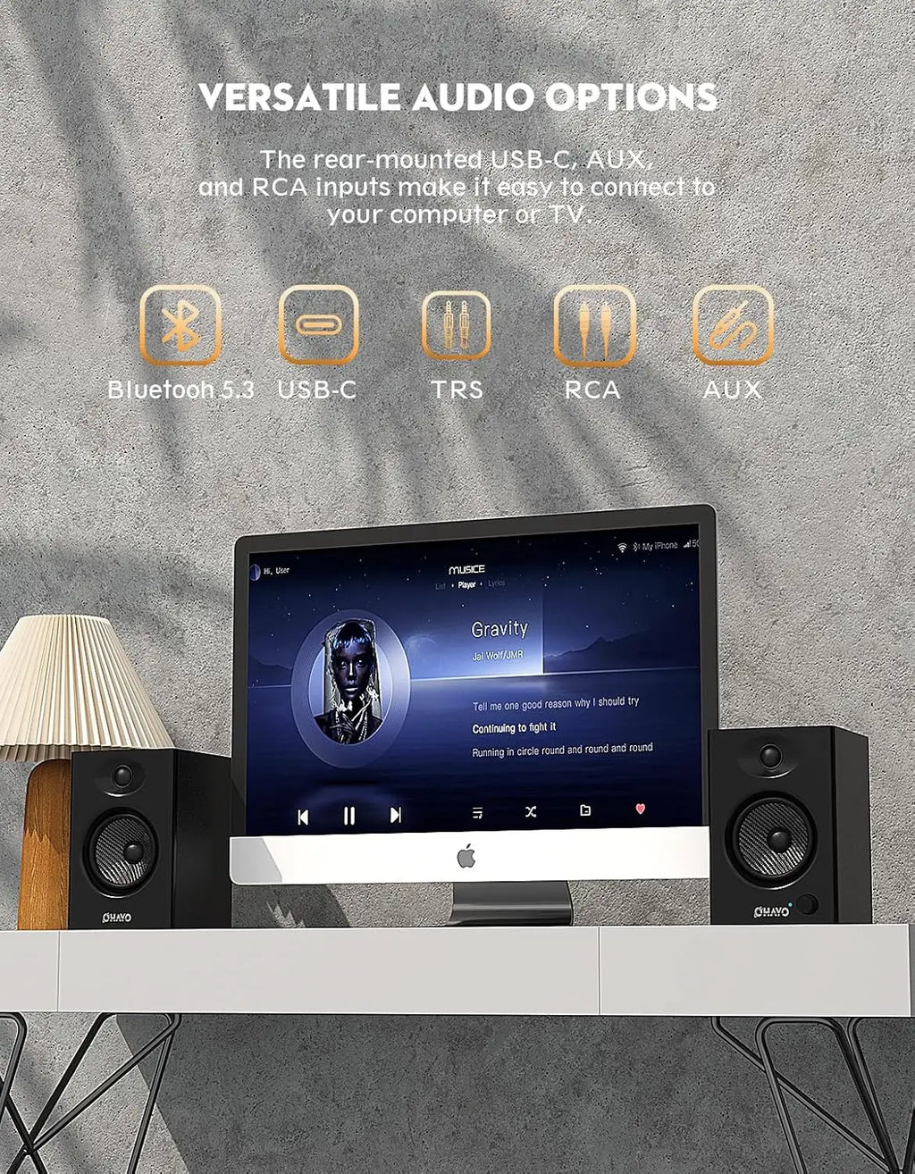 OHAYO 60W Computer Speakers for Music Gaming, Active Bluetooth 5.3, Stereo 2.0 Speakers for Desktop PC or Laptop, Aux RCA Input