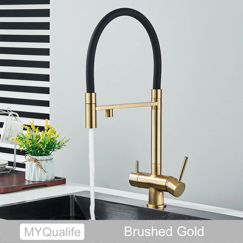 Black Filtered Kitchen Faucet Pure Water Pull Out Brass Sink Faucet Dual Handle Hot&Cold Drinking Water Purified Mixer Taps