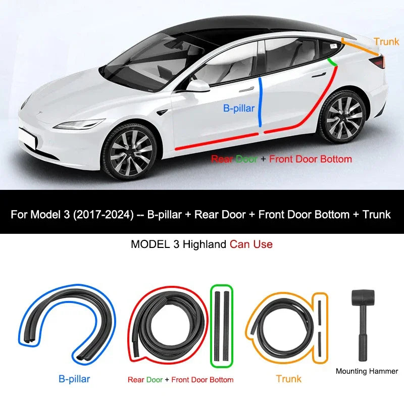 For Tesla Model Y 2021-2024 Door Seal Strip Kit Soundproof Rubber Weatherstrip for Model 3 B-Pillar Sealing Set Noise Reduction