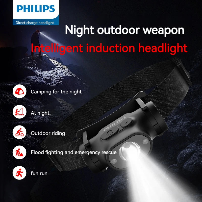 PHILIPS LED Headlamp – Rechargeable, 10 Modes, Motion Sensor