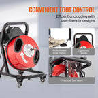 VEVOR Drain Cleaner Machine 50 FT x 1/2 Inch Manual Feed Sewer Snake Auger - with Wheels 4 Cutters & Air-activated Foot Switch