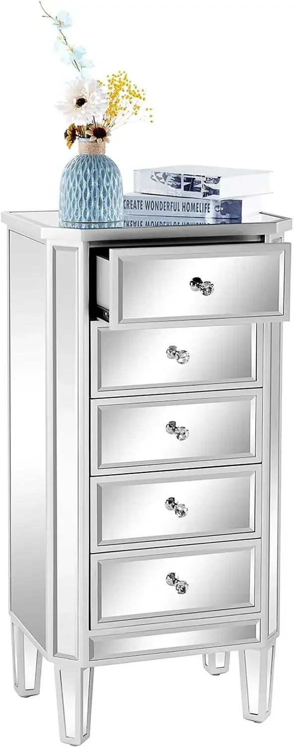 Mirrored Dresser 5 Drawers Modern Chest, Mirrored Chest of Drawers, Glass Dresser for Bedroom, Dressing Room, Living Room,Silver