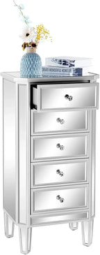 Mirrored Dresser 5 Drawers Modern Chest, Mirrored Chest of Drawers, Glass Dresser for Bedroom, Dressing Room, Living Room,Silver