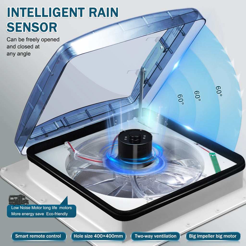10 Speed RV Roof Vent Fan 40x40cm Remote Control Caravan RV Roof Skylight Vents Electric Rain Sensor Automatic Lift RV Fan