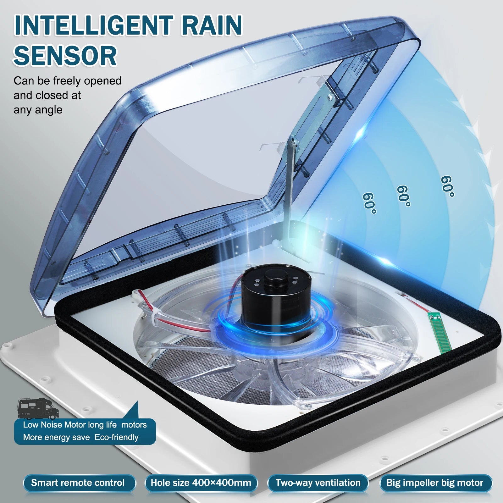 10 Speed RV Roof Vent Fan 40x40cm Remote Control Caravan RV Roof Skylight Vents Electric Rain Sensor Automatic Lift RV Fan