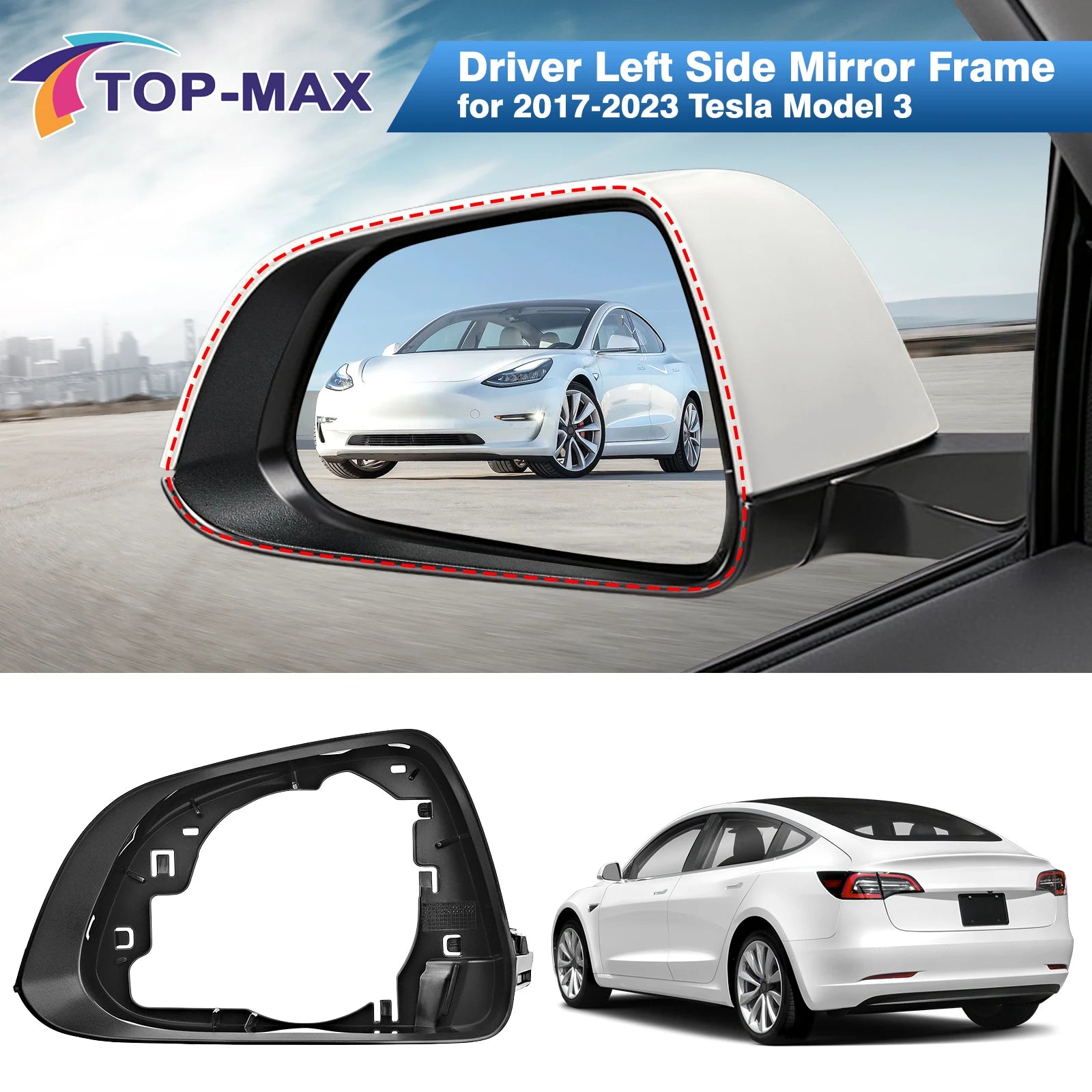 For Tesla Model 3 All Model Wing Rearview Mirror Cover Frame Reversing Mirror Frame Left & Right Exterior Mirror Supporting Ring