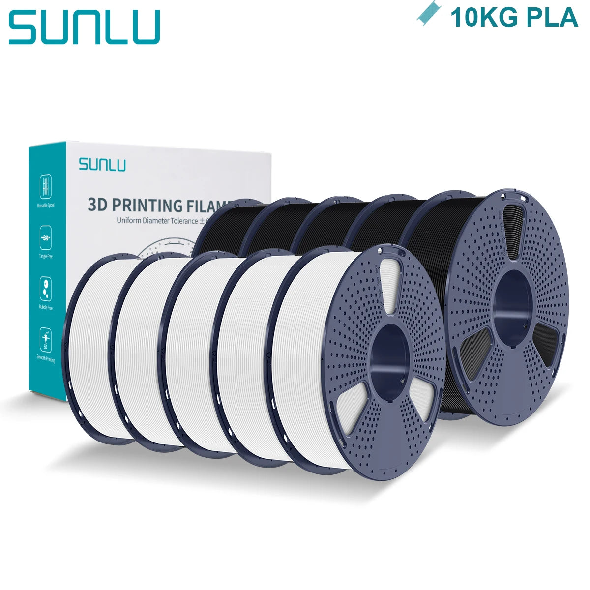 SUNLU PLA 3D Printer Filament 1.75mm - 10 Rolls x 1KG | Neatly Wound