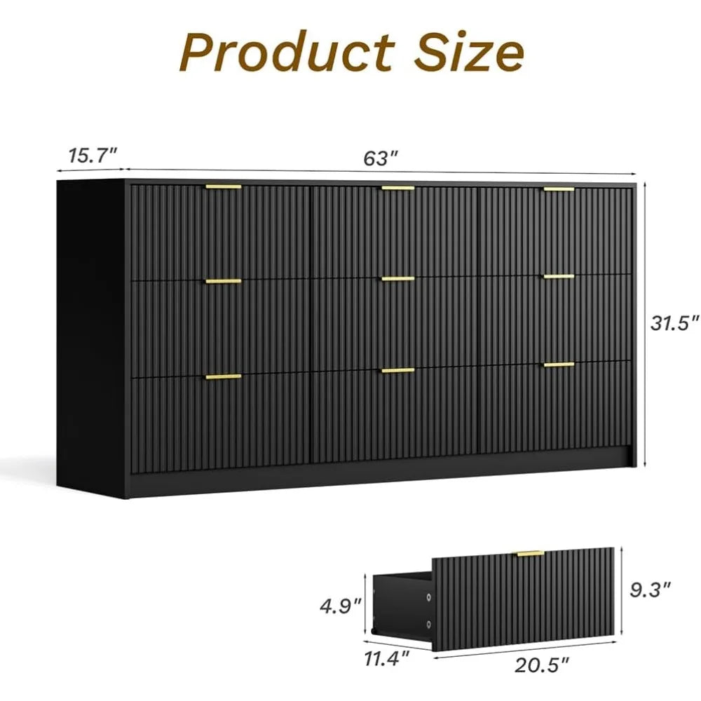 Black Dresser for Bedroom, 9 Drawer Double Dresser, Modern Chest of Drawers for Bedroom, Living Room, Entryway and Closet, 63" L