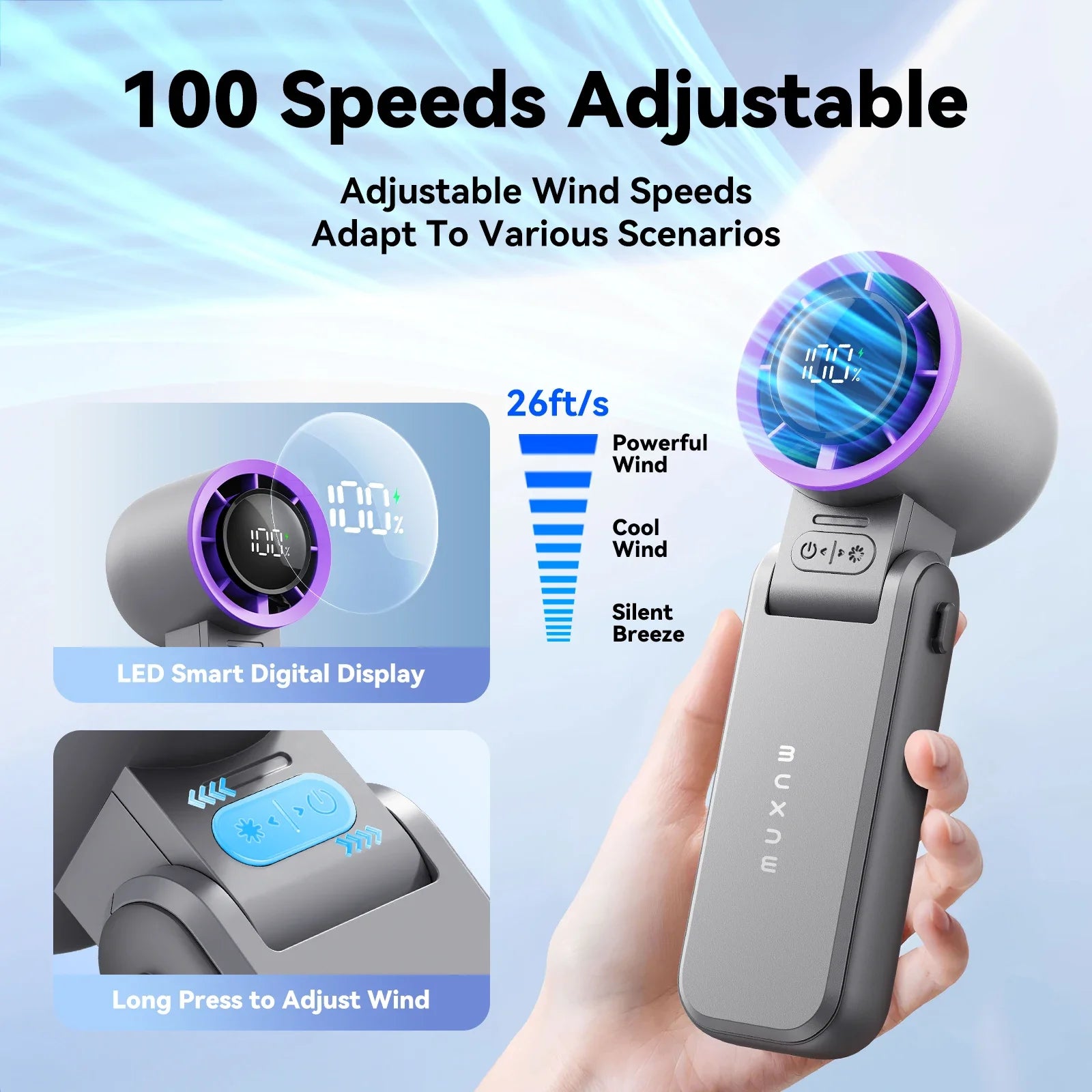 MUXNW Portable Handheld Mini Fan: 3 IN 1, 100 Speed Turbo, Foldable, L