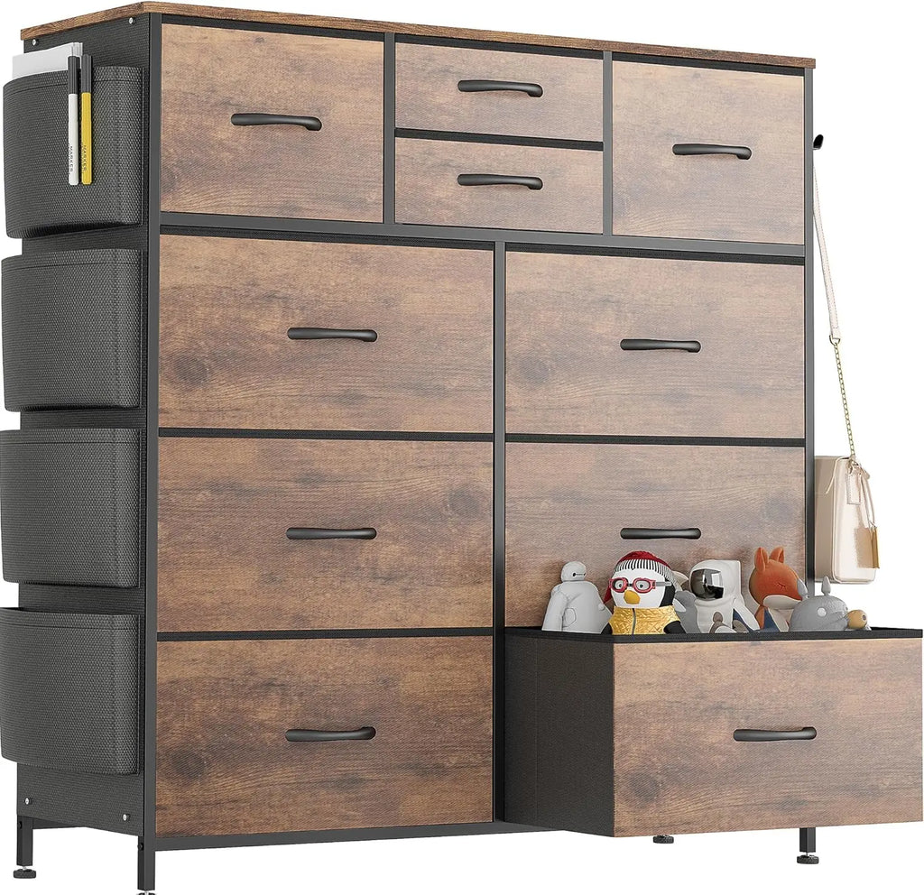Dresser for Bedroom Chest of Drawers with Side Pockets and Hooks, Fabric Storage Organizer Unit for Living Room, Hallway, Closet