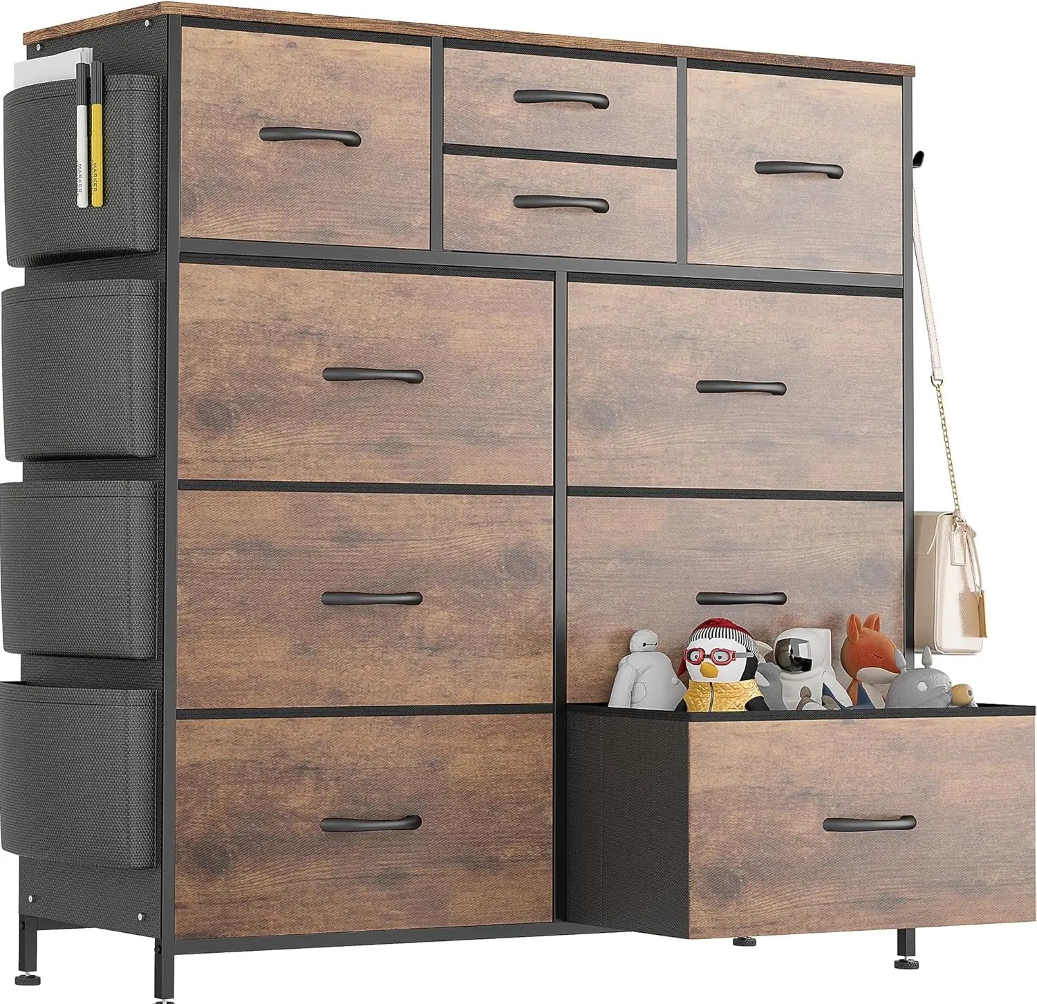 Dresser for Bedroom Chest of Drawers with Side Pockets and Hooks, Fabric Storage Organizer Unit for Living Room, Hallway, Closet