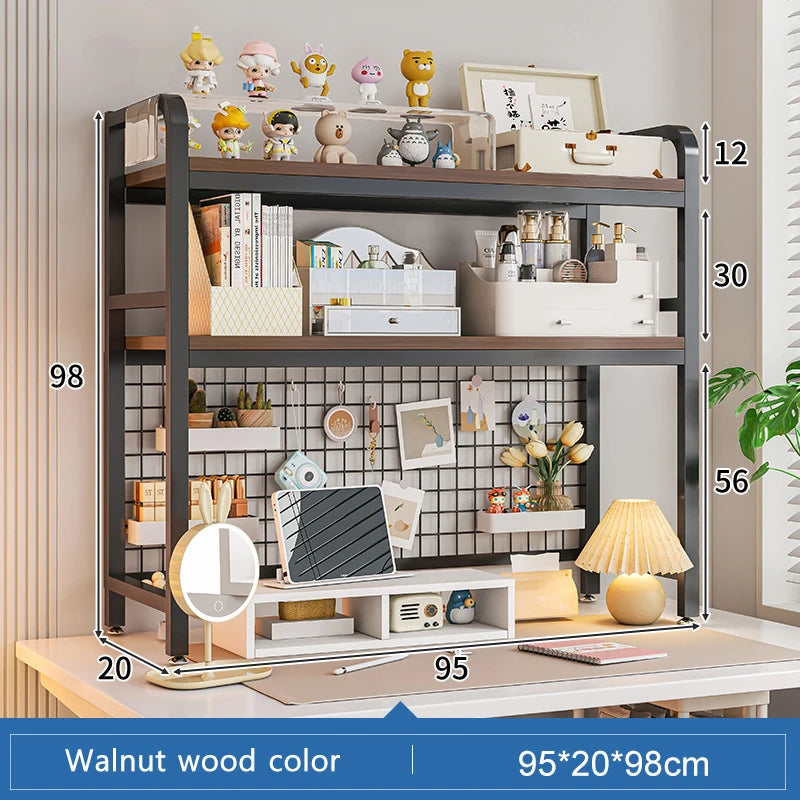 Bookshelf Bookcase With Grid Desktop Multi-layer Wrought Iron Shelf Student Computer Desk Table Hole Board Table Wooden Shelves